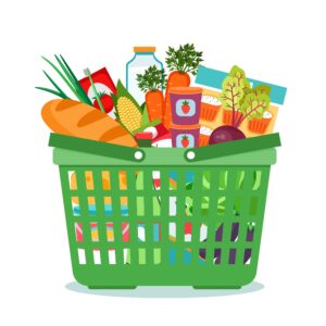 Shopping basket with food vector illustration. Cart with product buy in supermarket. Vector illustration